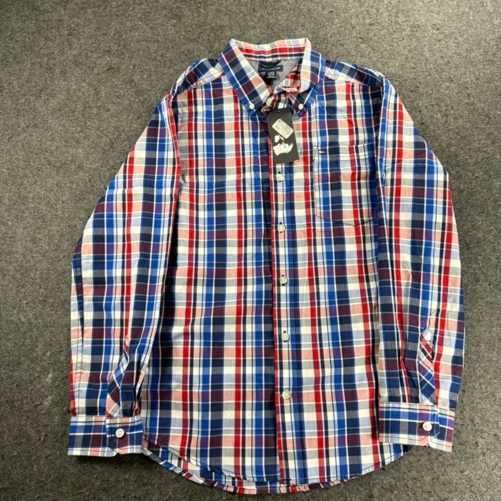 Tommy‎ Hilfiger Boys Plaid Button Down Long Sleeve Shirt Large 16/18 Red Blue